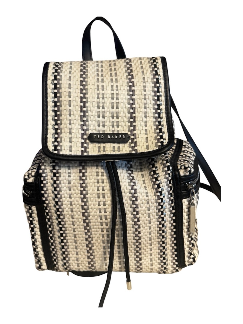 NWOT Ted Baker Allizza Black & Cream w/metallic silver woven Stripe Backpack
